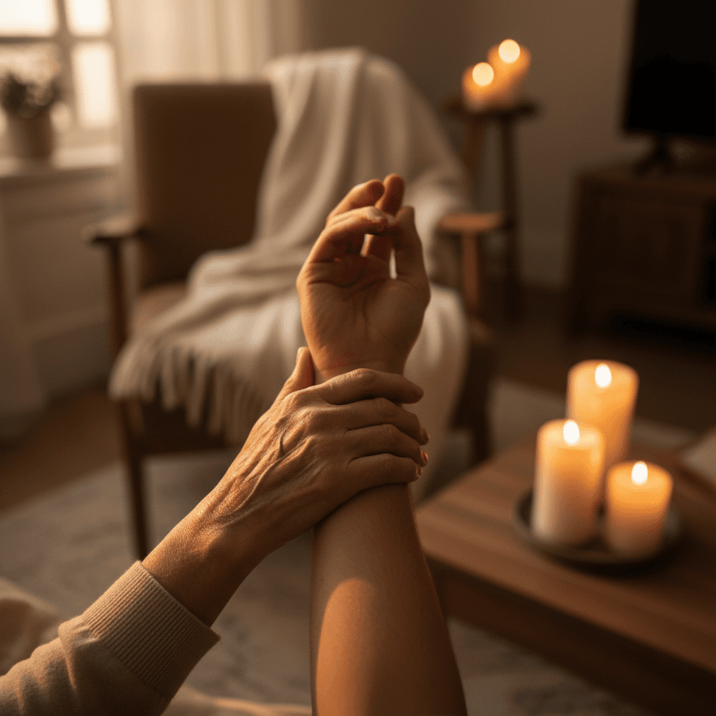 Elderly hand on a younger adult's arm