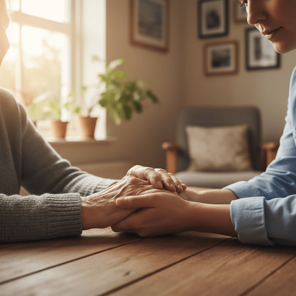 Caregiver's hands gently assisting an elderly woman